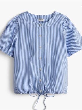 J. Crew Factory Blue and White Striped Striped puff-sleeve tie-waist top